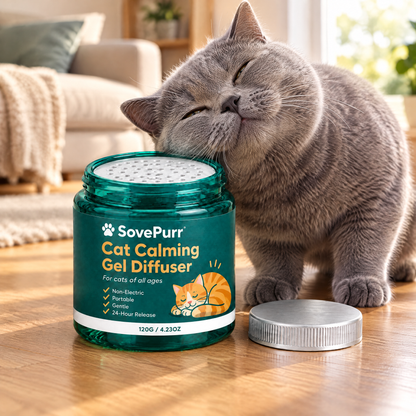 Cat rubbing its cheek on the SovePurr jar