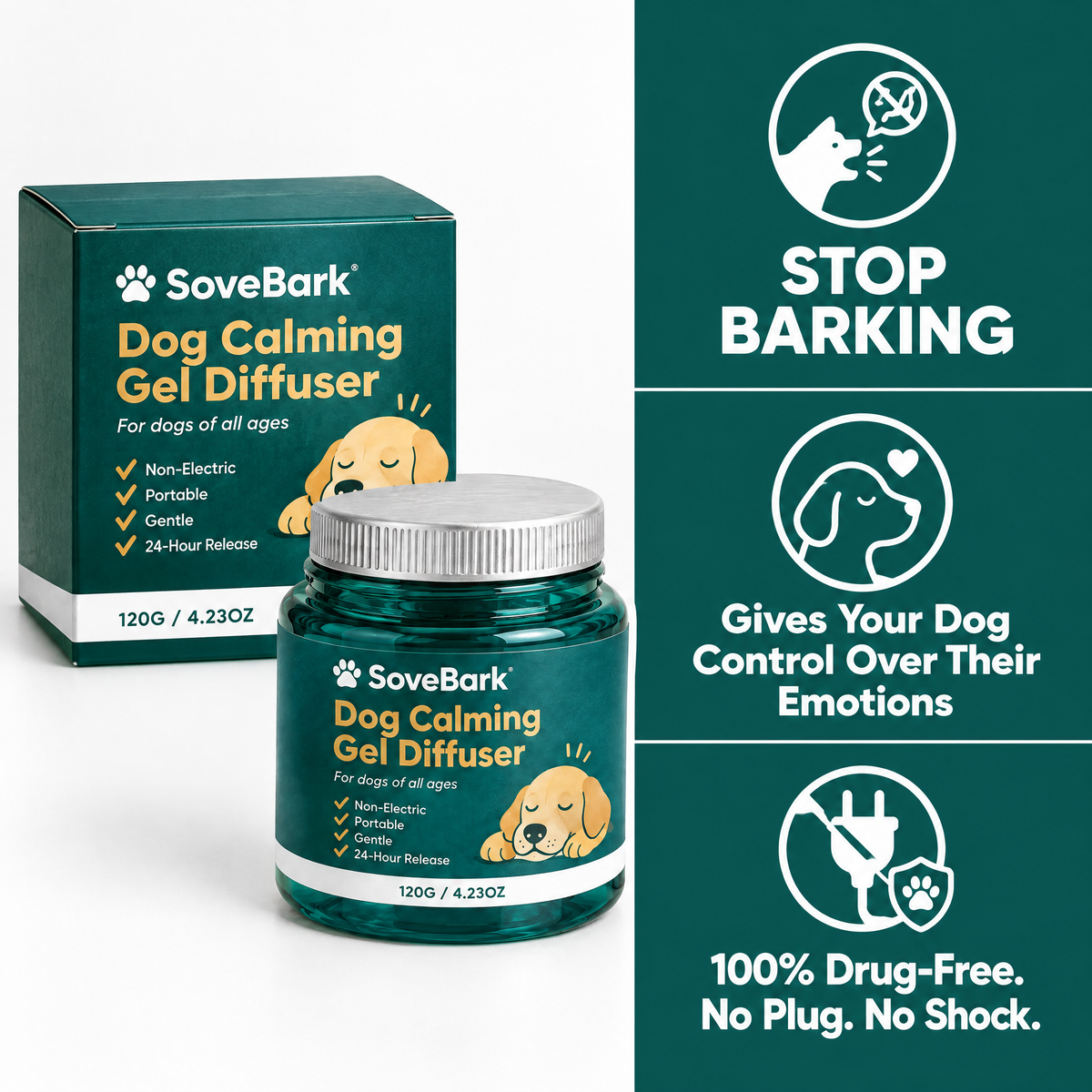 SoveBark: stop barking, gives your dog control over their emotions, 100% drug-free, no plug, no shock