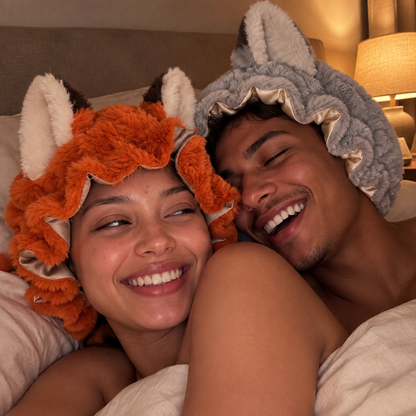 Couple wearing matching Foxie Bonnets